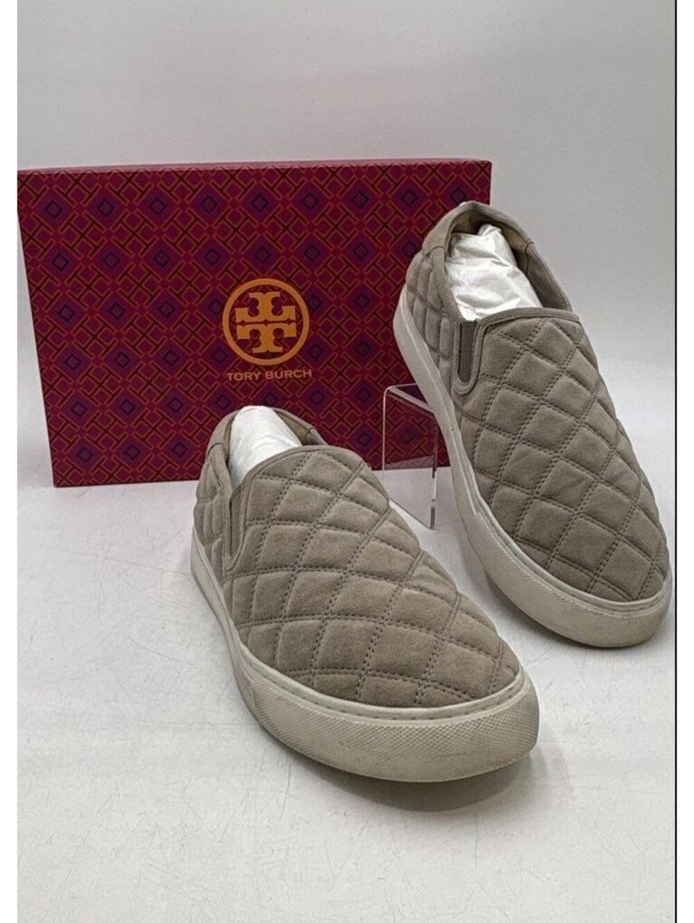 Tory Burch Jesse Quilted Suede Slip-On Sneakers - Taupe Grey Size 10.5